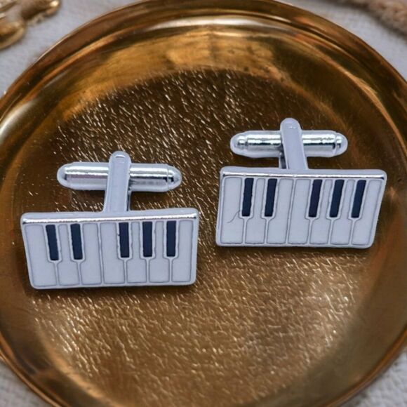 Piano Key Silver Cufflinks Tuxedo Formal Shaped Cuff Links Musician Band NWT Men - Picture 2 of 8